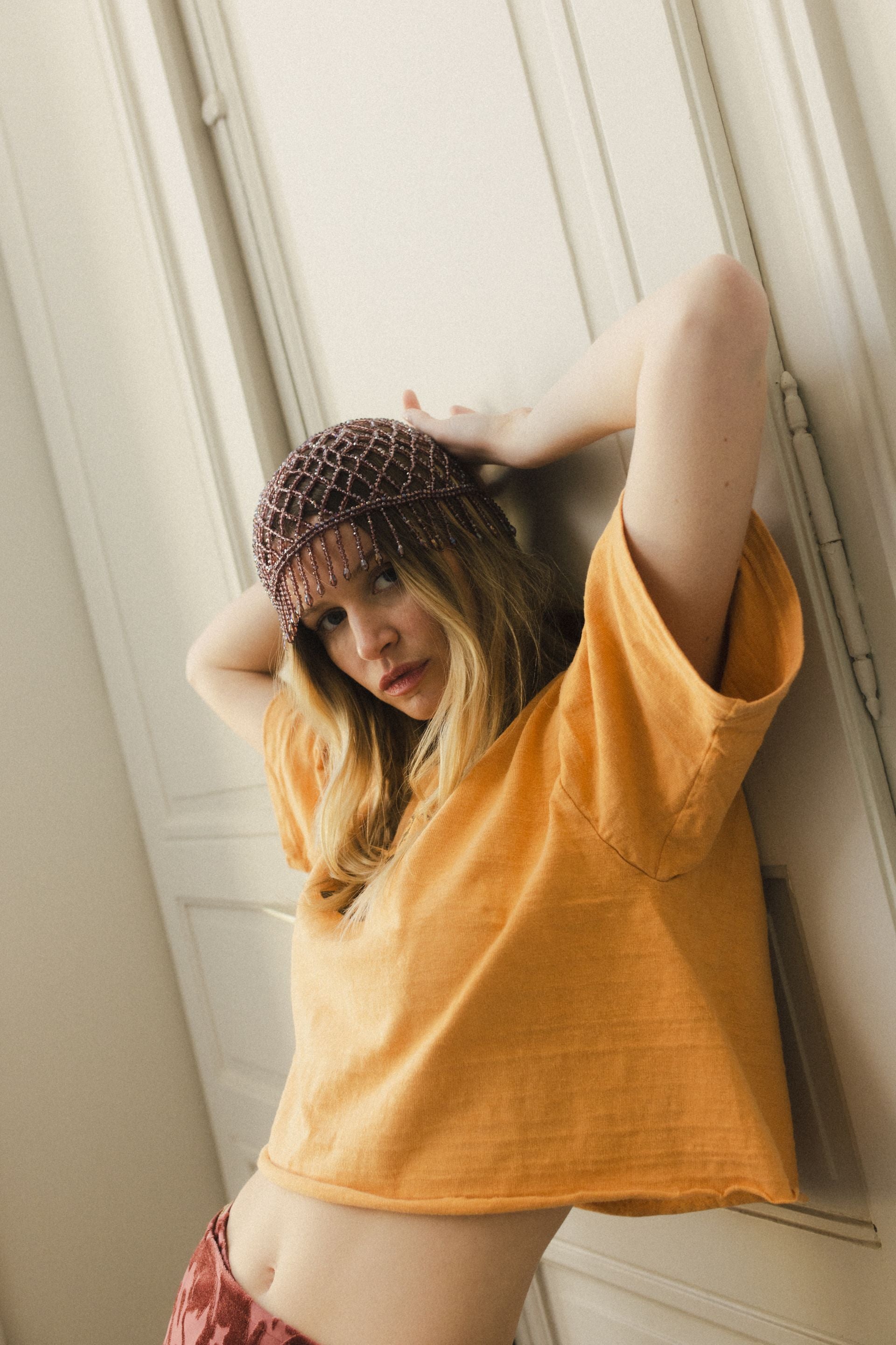 Bonnet de perles vieux rose