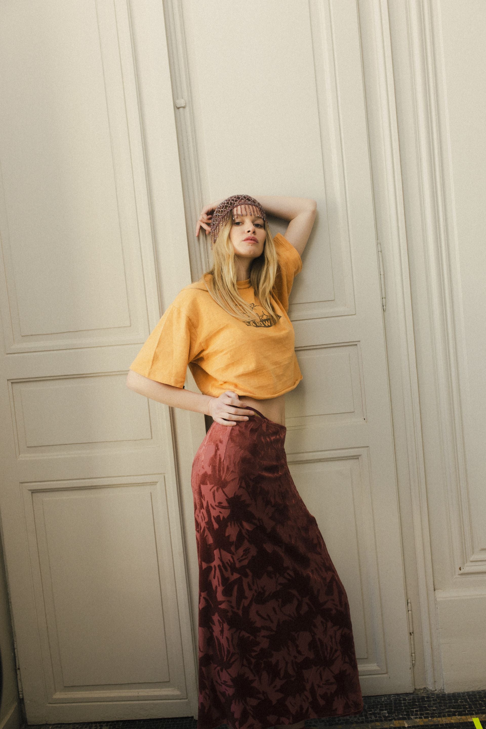 Bonnet de perles vieux rose