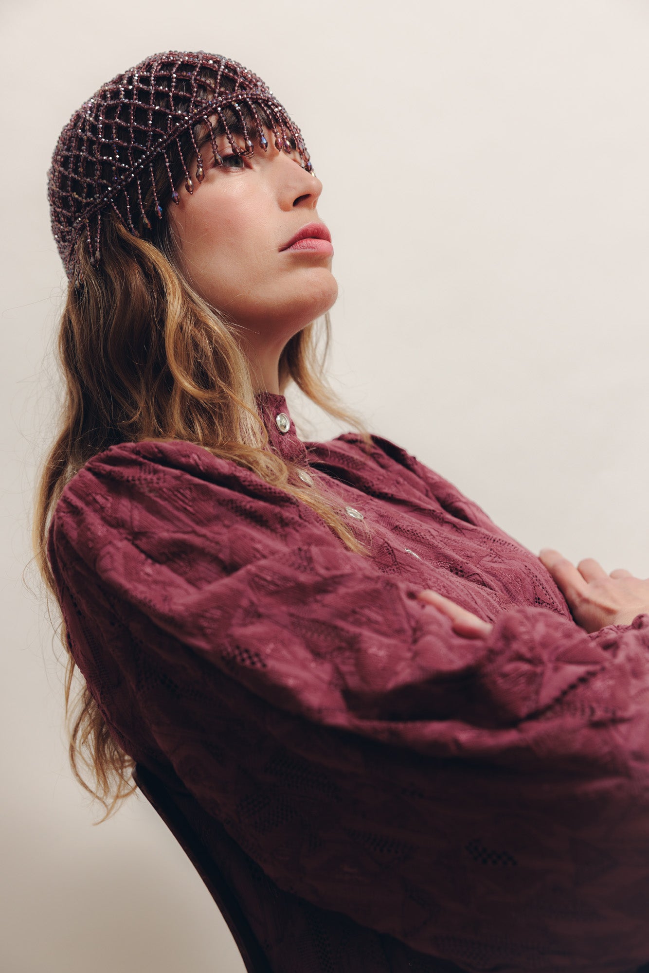 Bonnet de perles vieux rose