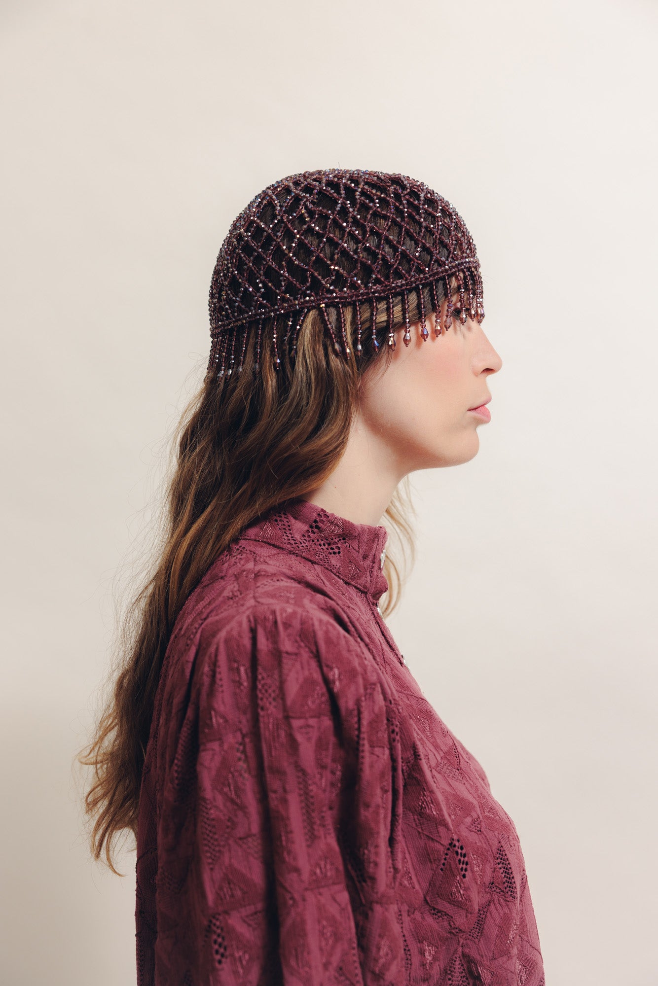 Bonnet de perles vieux rose